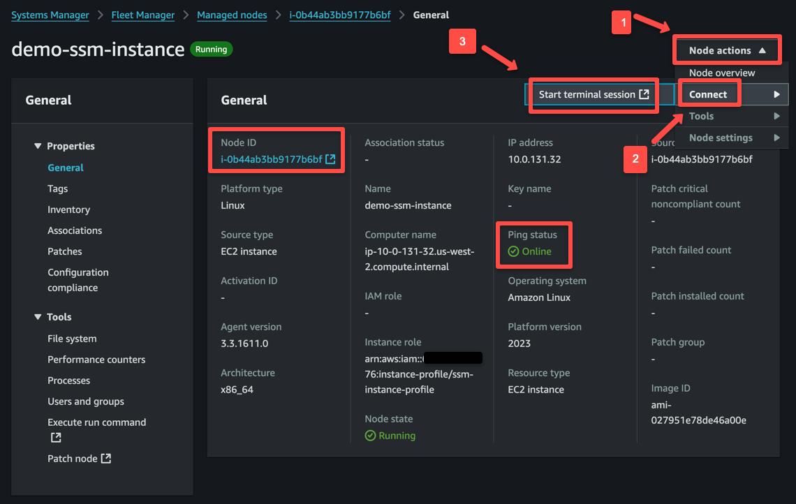 connecting the ec2 instance using the aws session manager from the systems manager dashboard