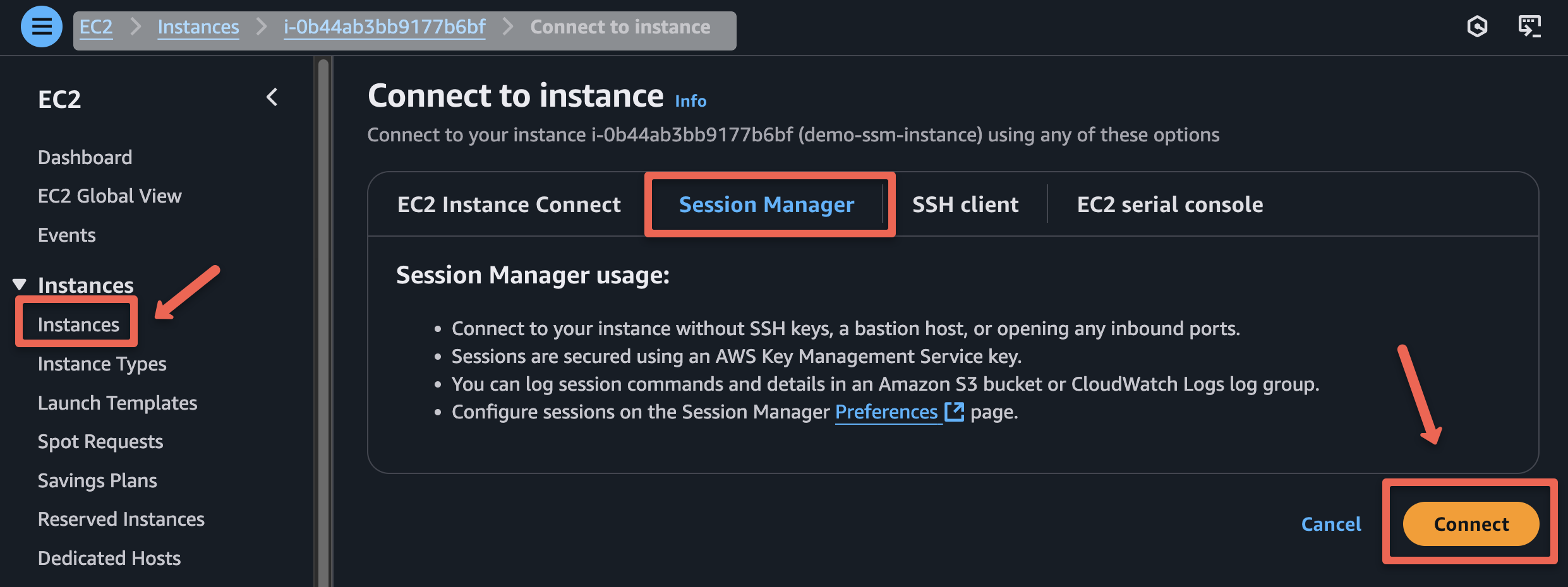 connecting the ec2 instance using the aws session manager from the ec2 dashboard