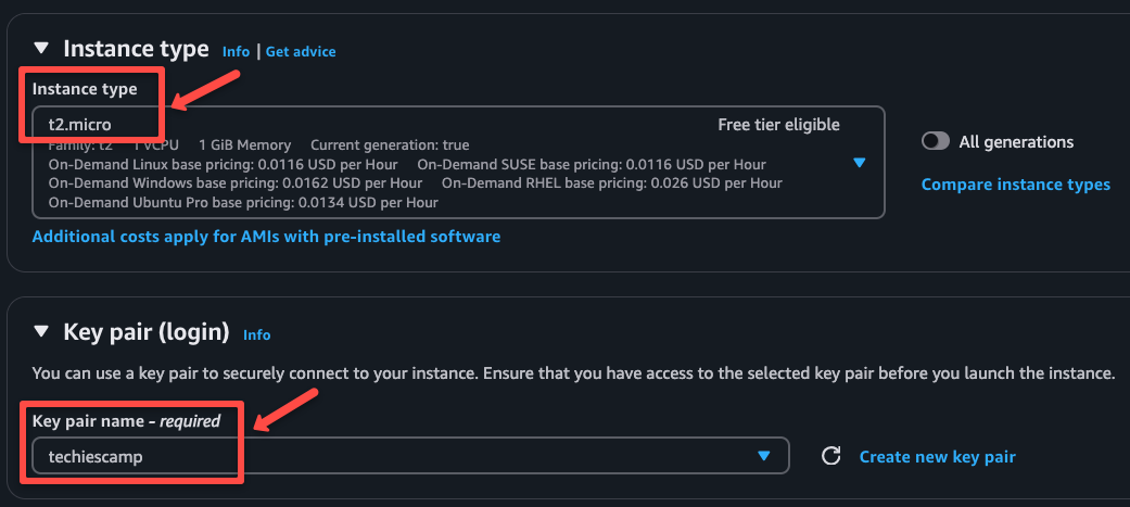 choosing instance type and keypair for the ec2 instance