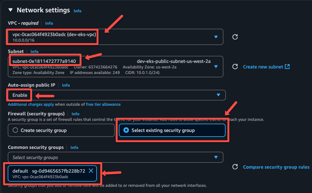 network settings section to select the vpc, subnet and security groups configuration