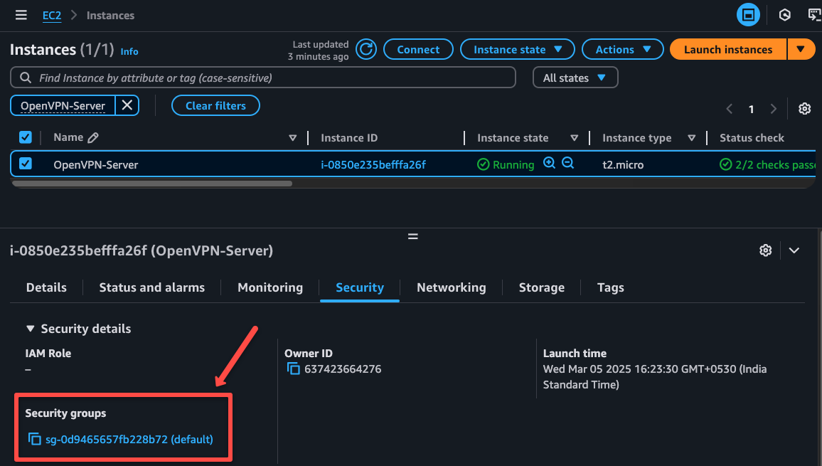 selecting the default security group of the ec2 instance to modifiy the rules