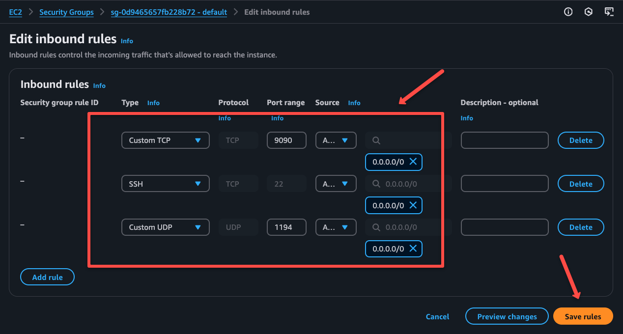 the added rules list inthe security group