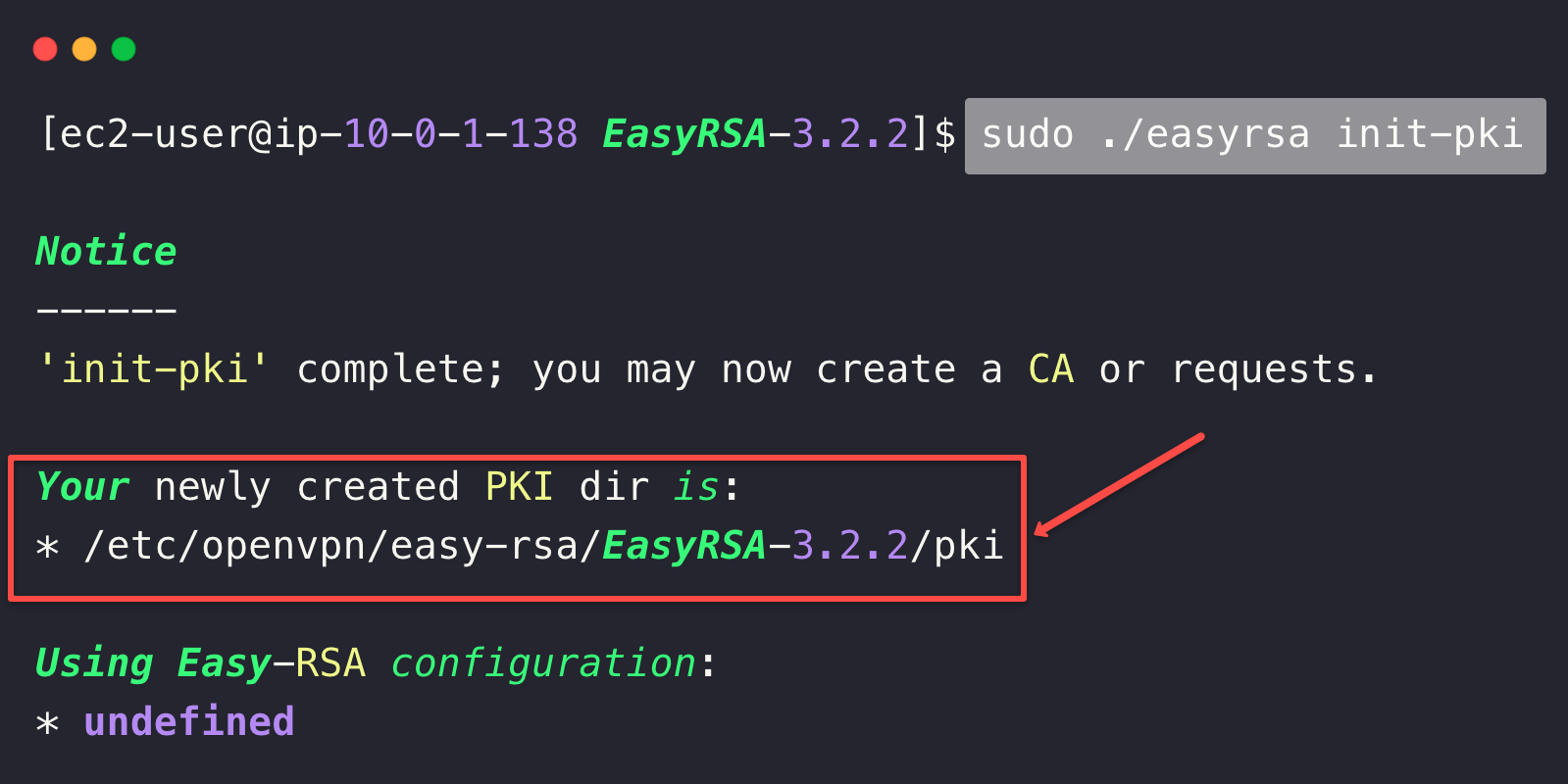 the initialization of the easy-rsa public key infrastructure 
