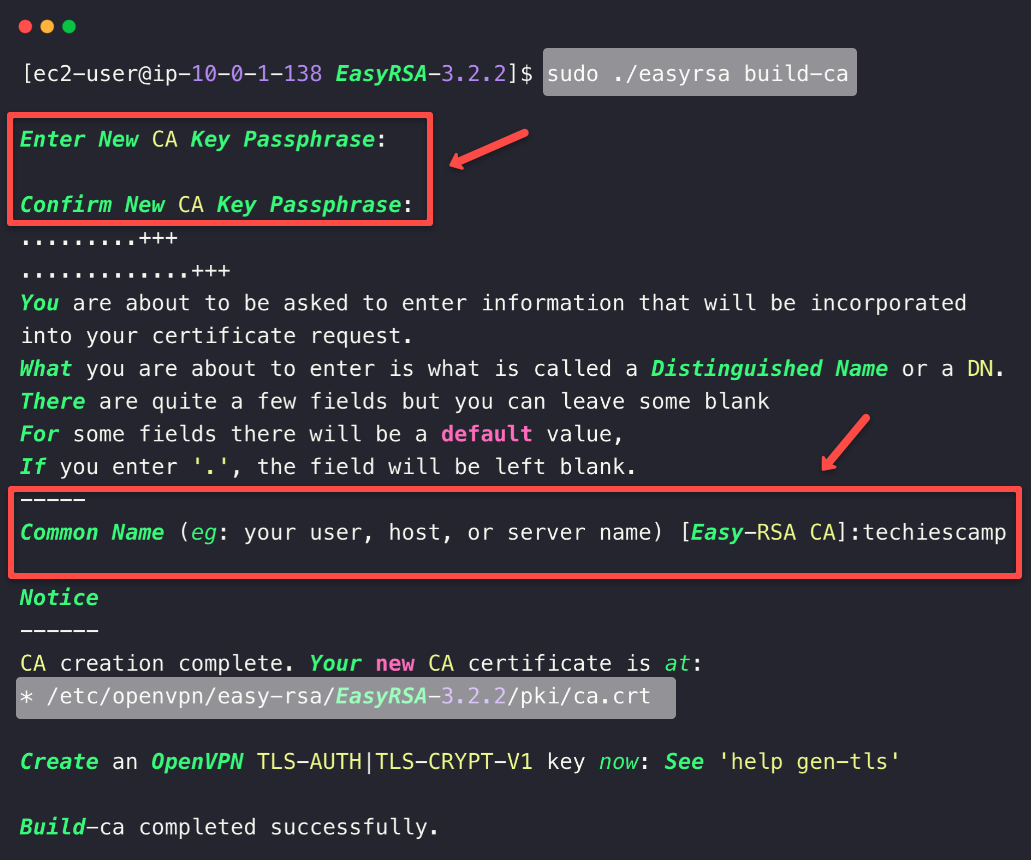 setting up passphrase for the ca and common name