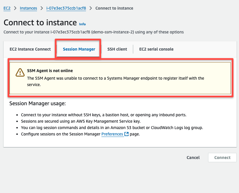 session manages section of the instance connection tab