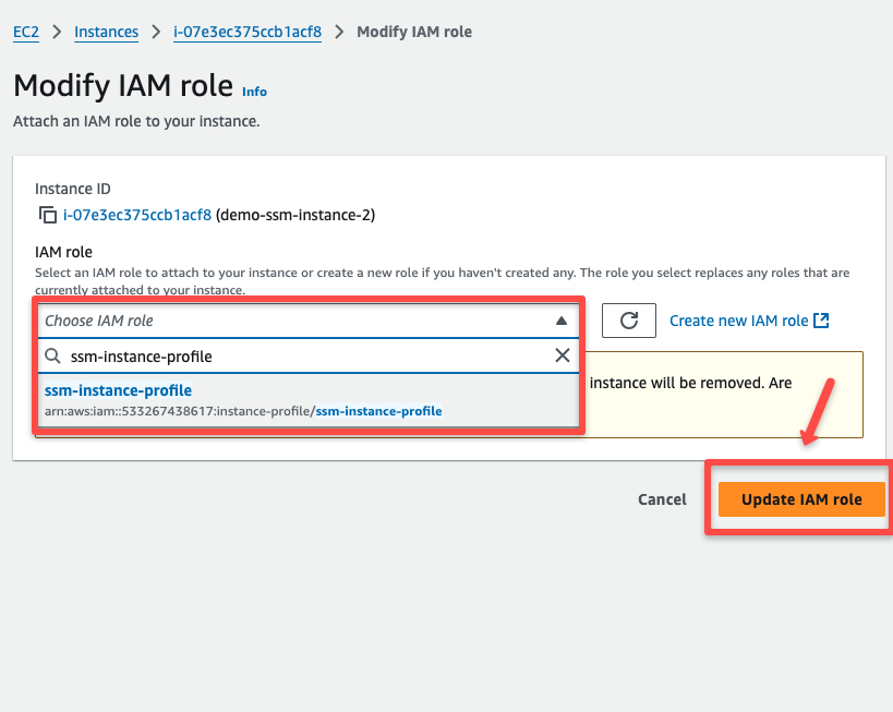 instance profile selection of the existing ec2 instance. 