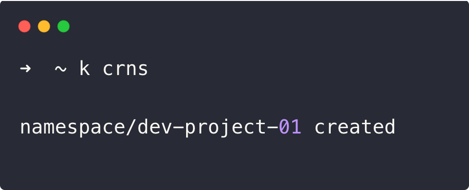 the output of the namespace creation using the kuberc alias