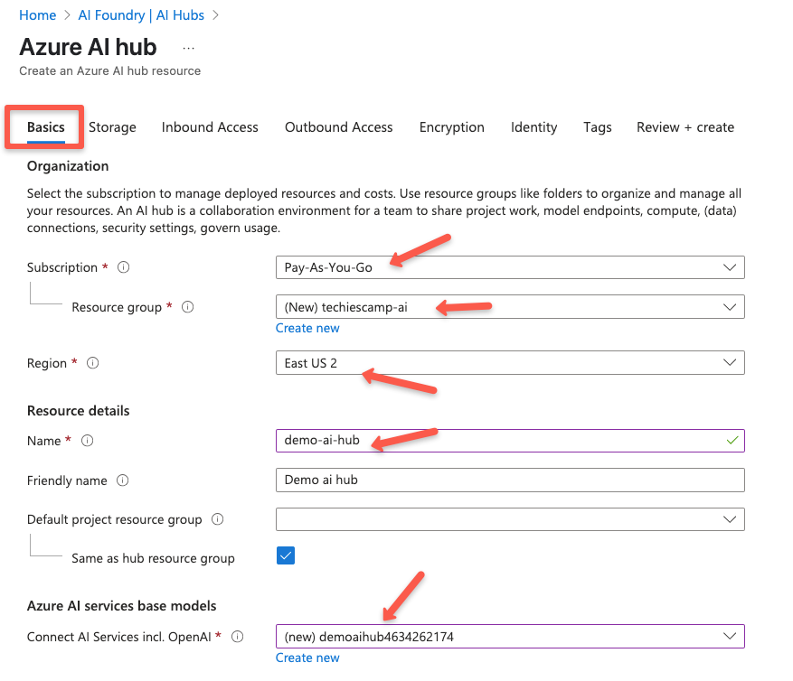 The basics page of the azure ai hub resouce creation