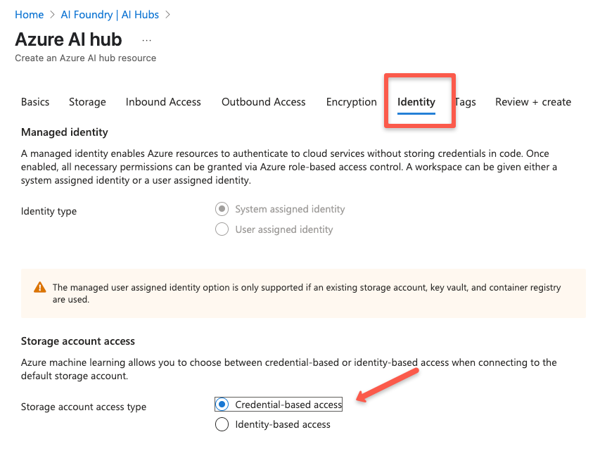 The identity section page of the azure ai hub resouce creation