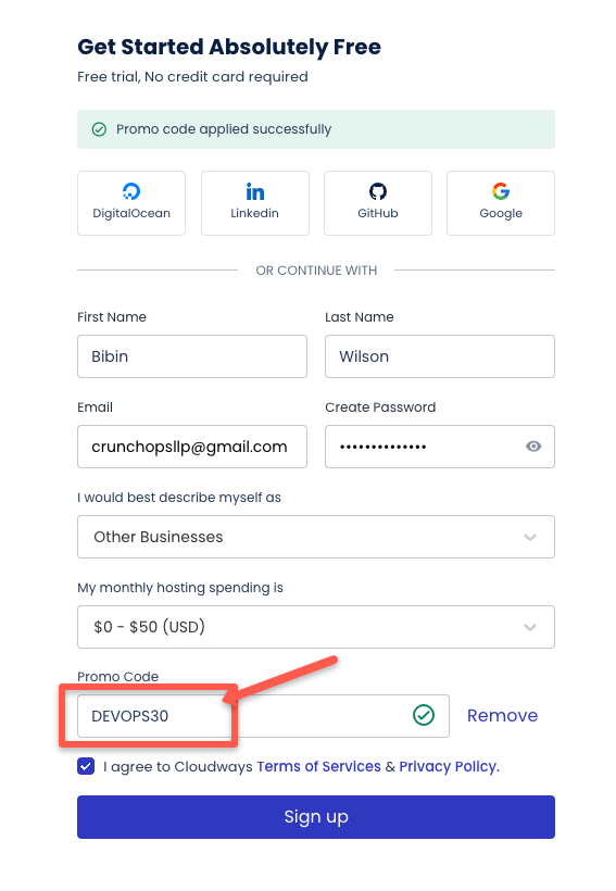 signing up for Cloudways with promo code
