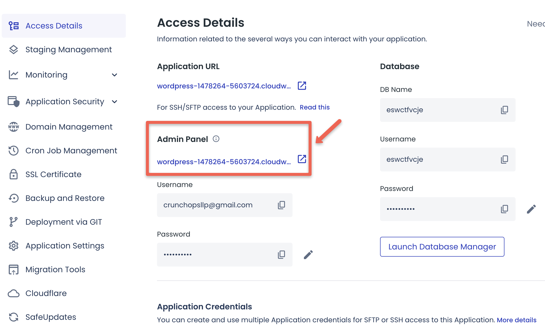 Cloudway WordPress admin panel URL