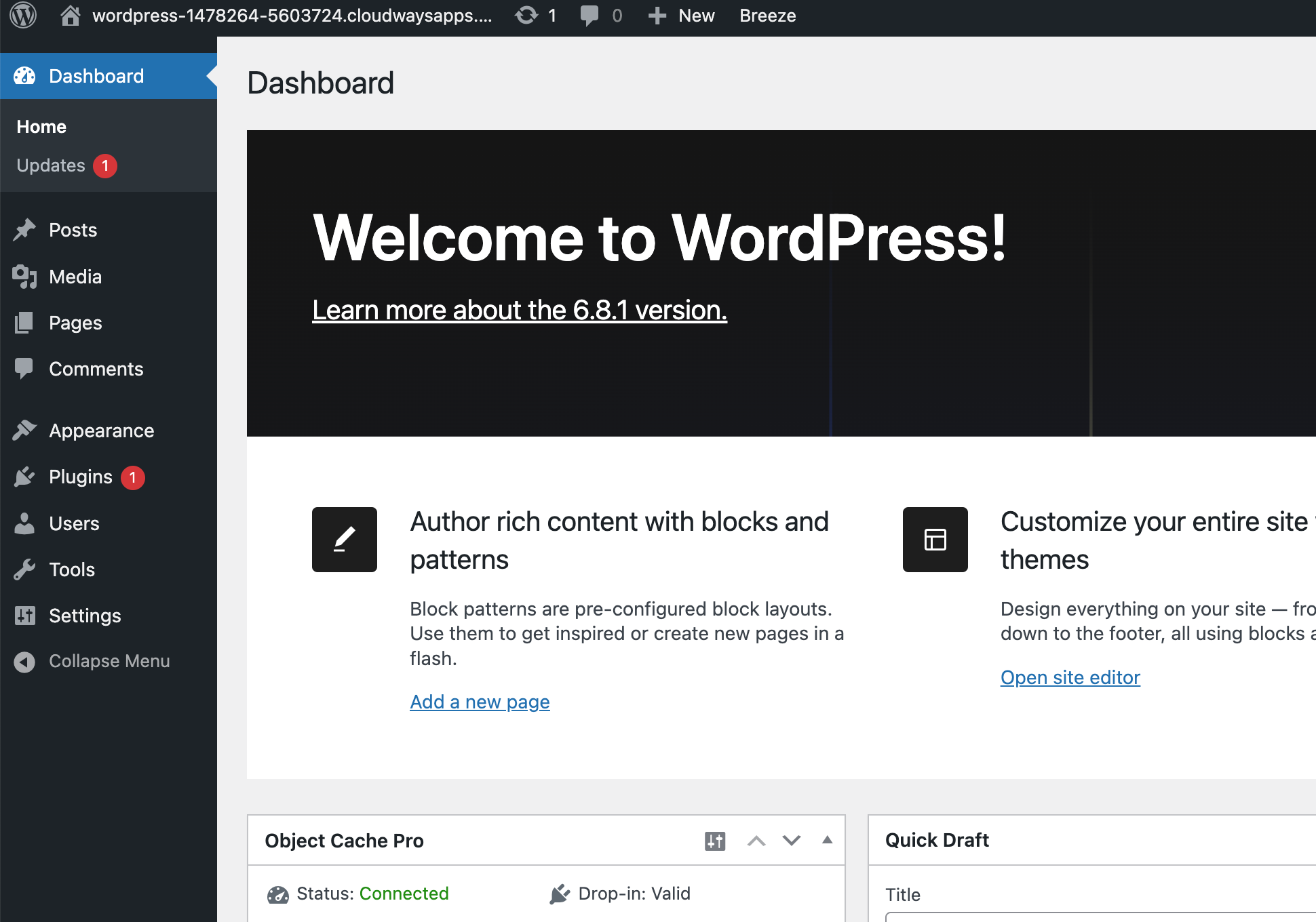 WordPress admin panel from cloudways