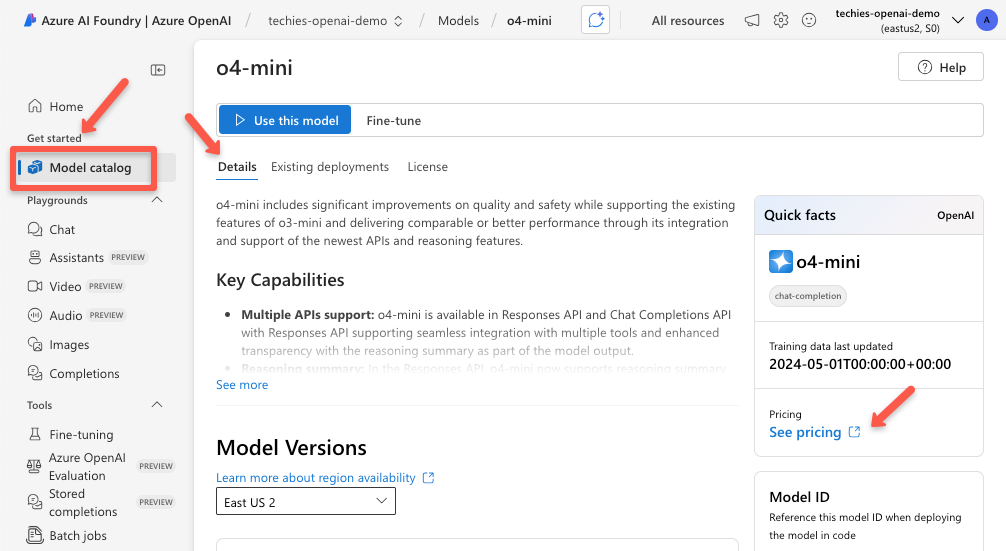 The azure openai model catalog page to see the details of the model and pricing