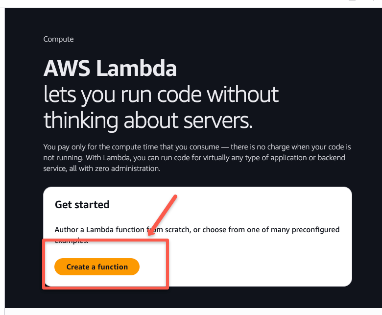 The console page of the AWS lambda
