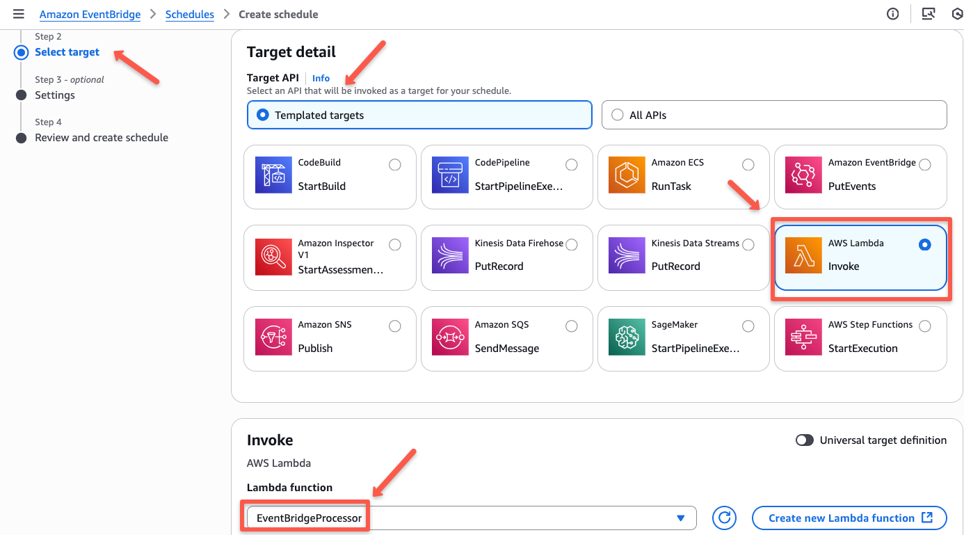 The target selection page of the aws eventbridge rule