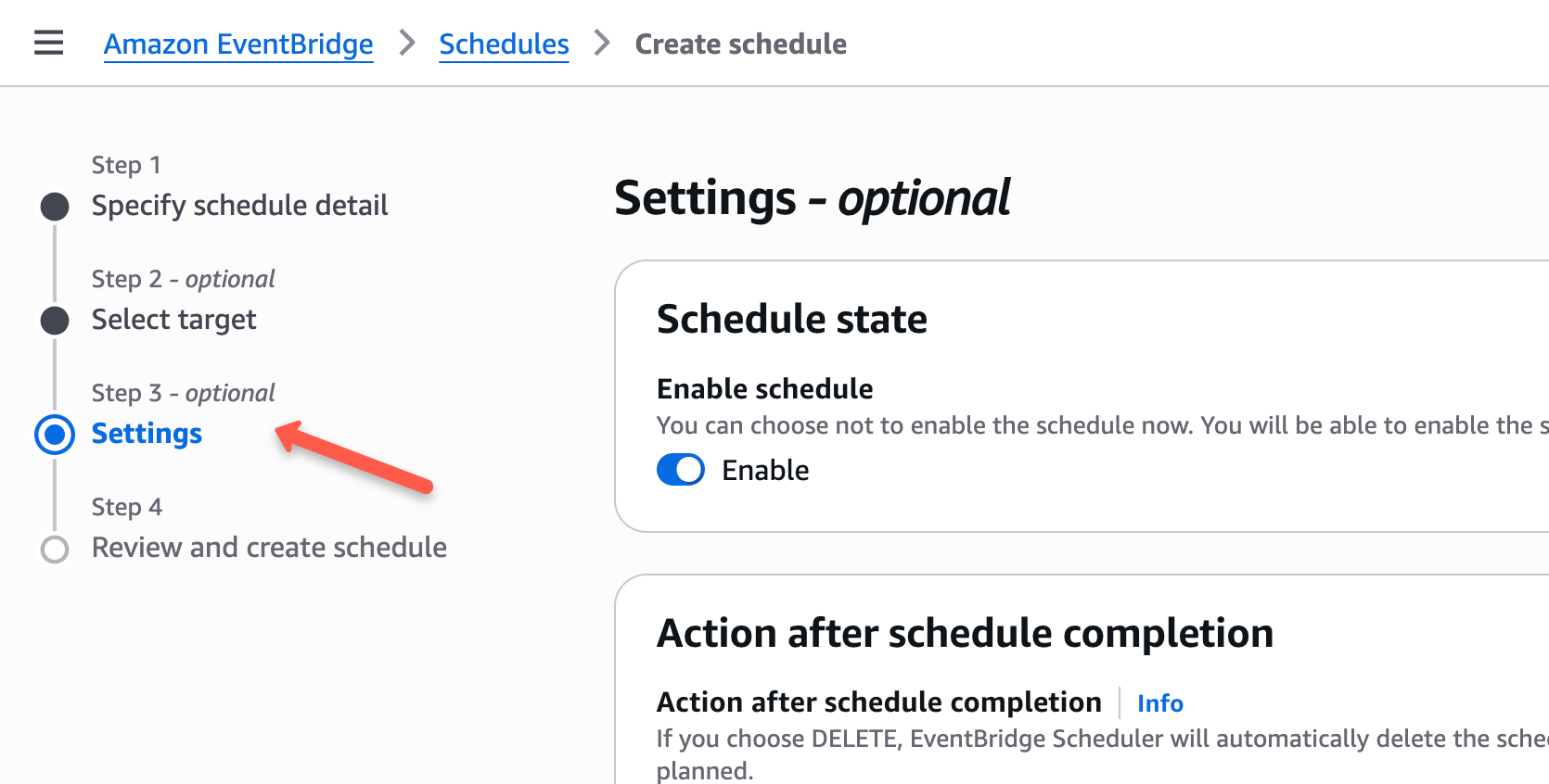 the settings page of the aws eventbridge rule