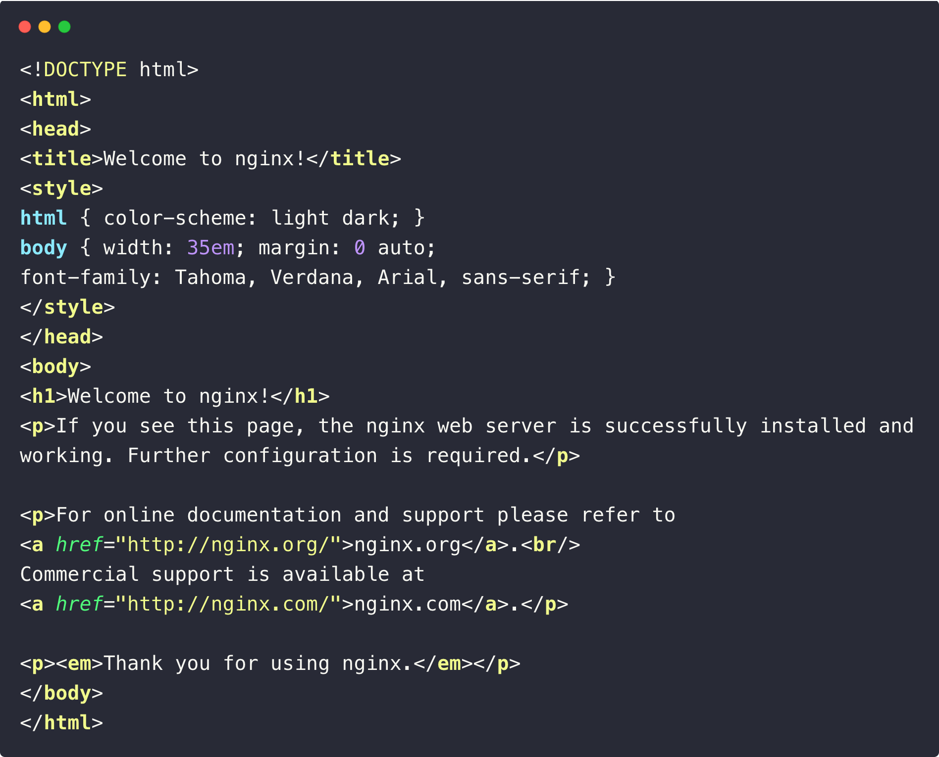 the output of the nginx web server