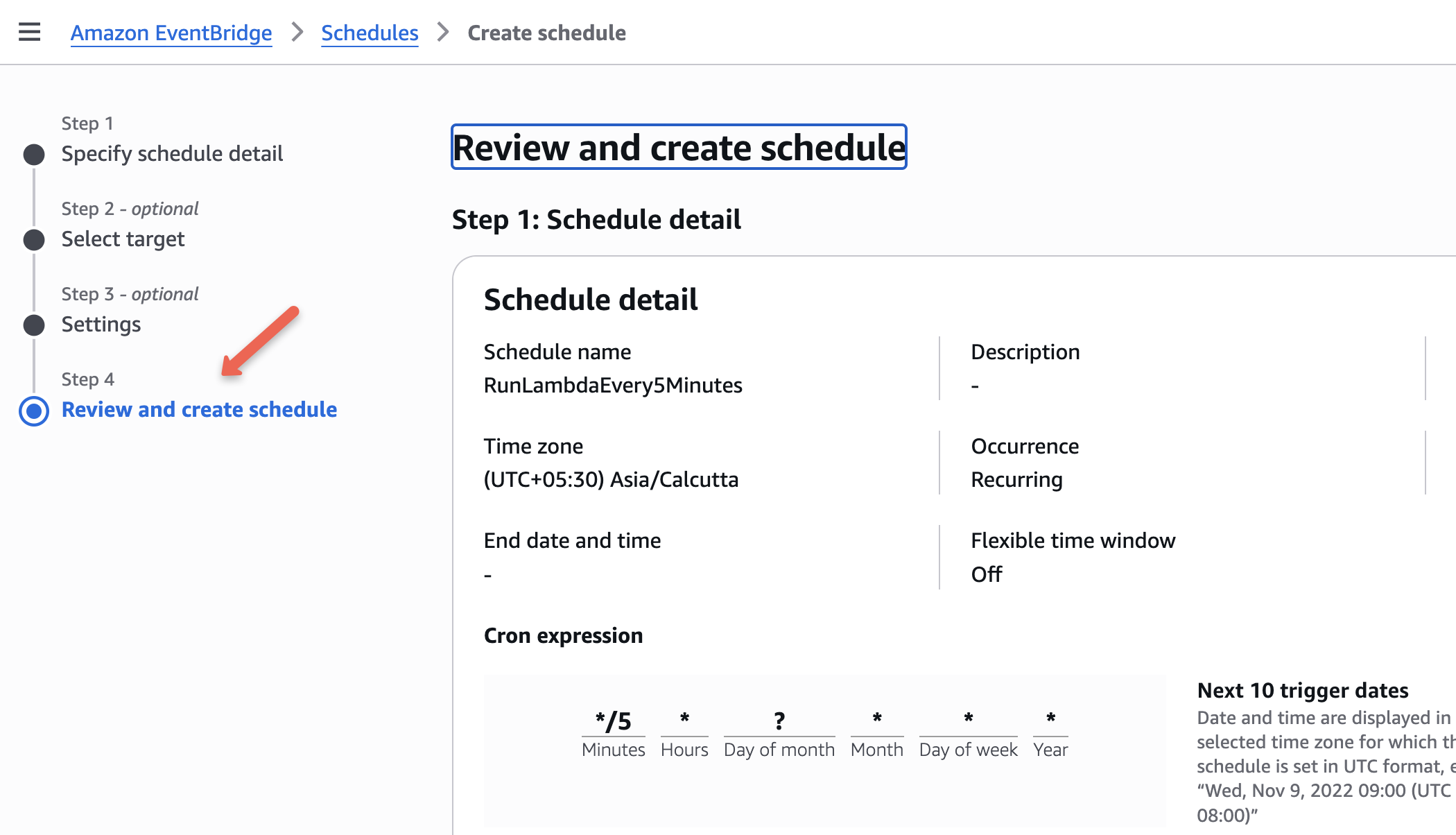 the review page of the aws eventbridge rule