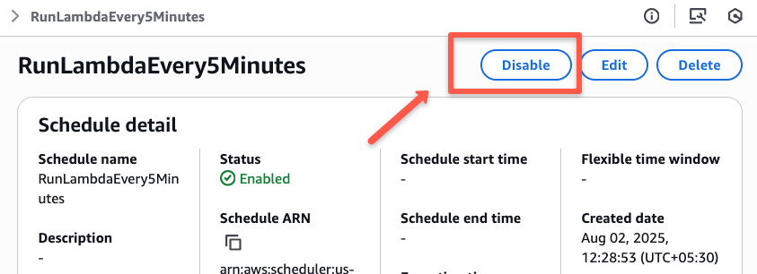 the disabling section of the aws eventbridge rule