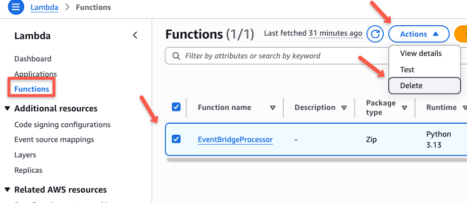 deleting the exising aws lambda function