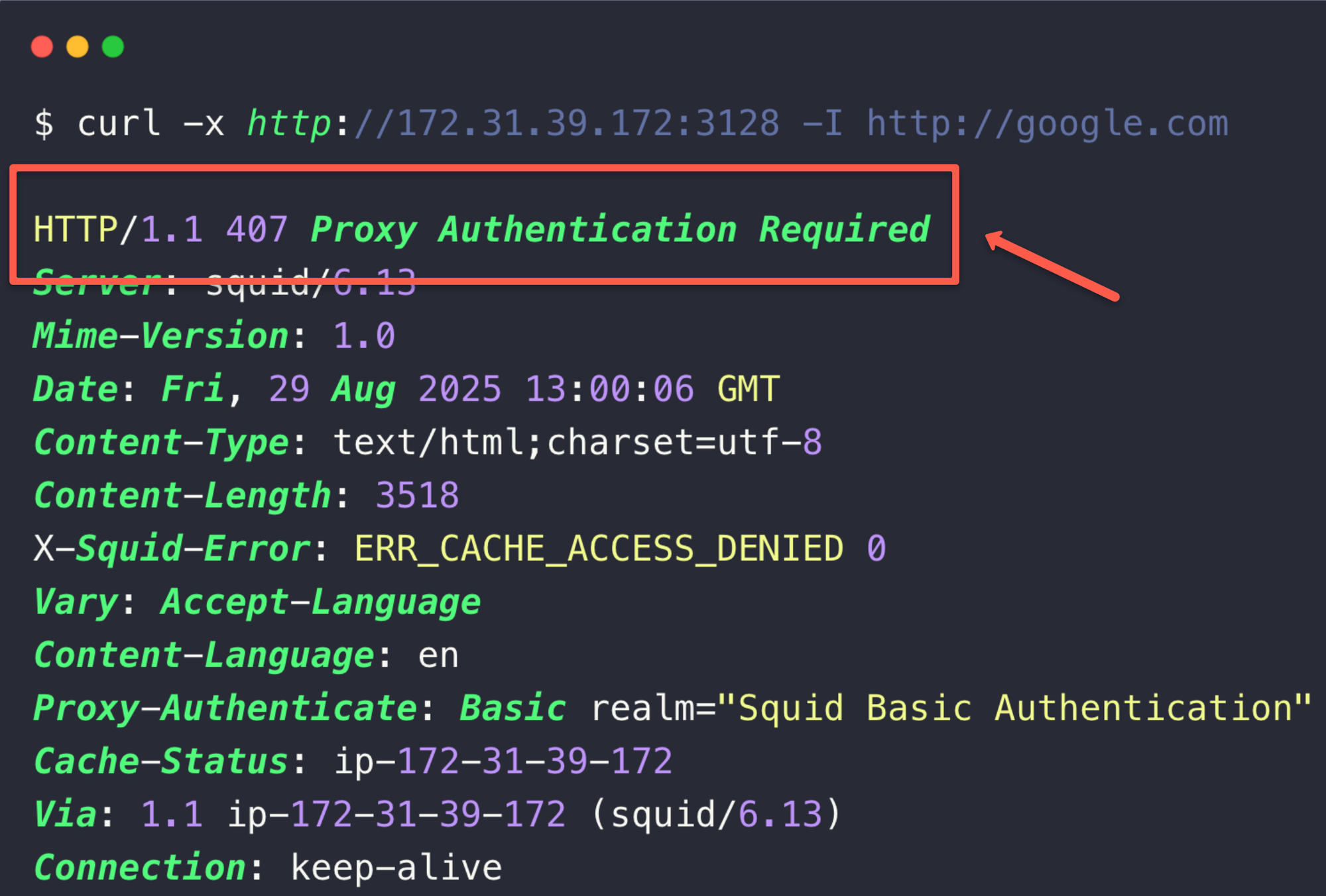 suqiid proxy authentication error output