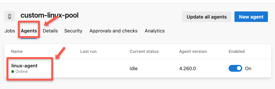 the confirmation of the agent creation and the status from the console
