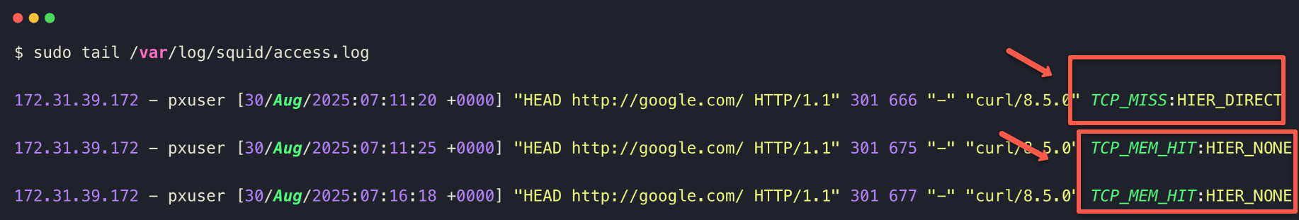 The log output of the squid access to identity the cache