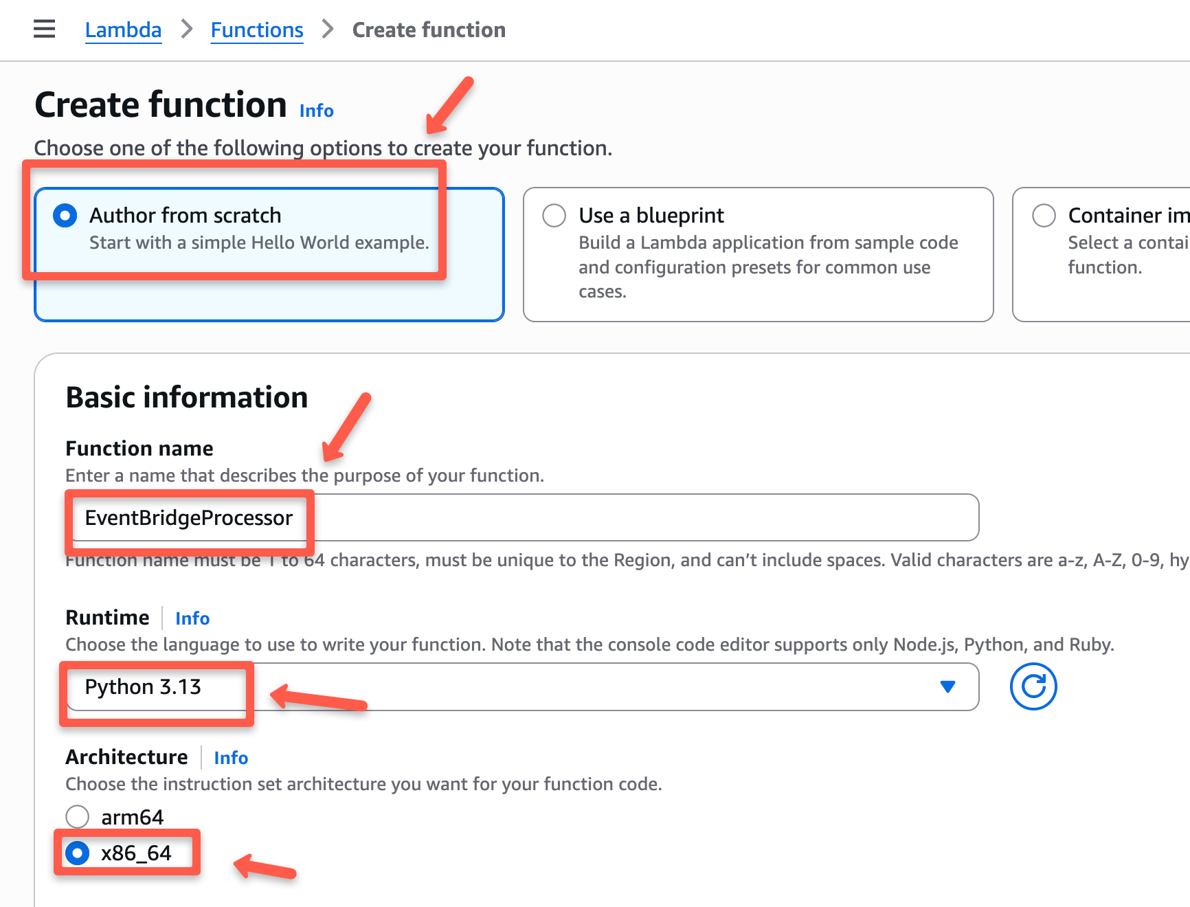 the function creation page of the aws lambda
