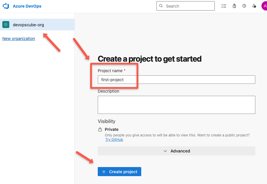 filling the azure devops project creation form