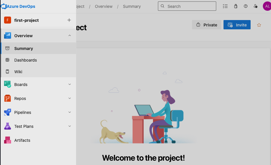 the azure devops project dashboard