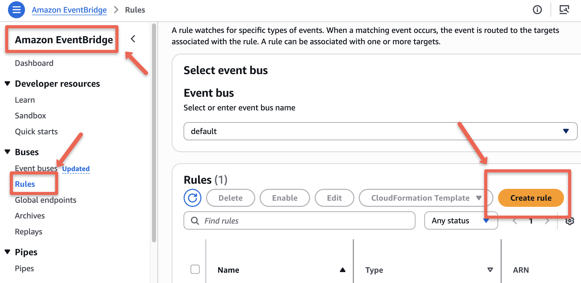 the rule creation page of the aws event bridge