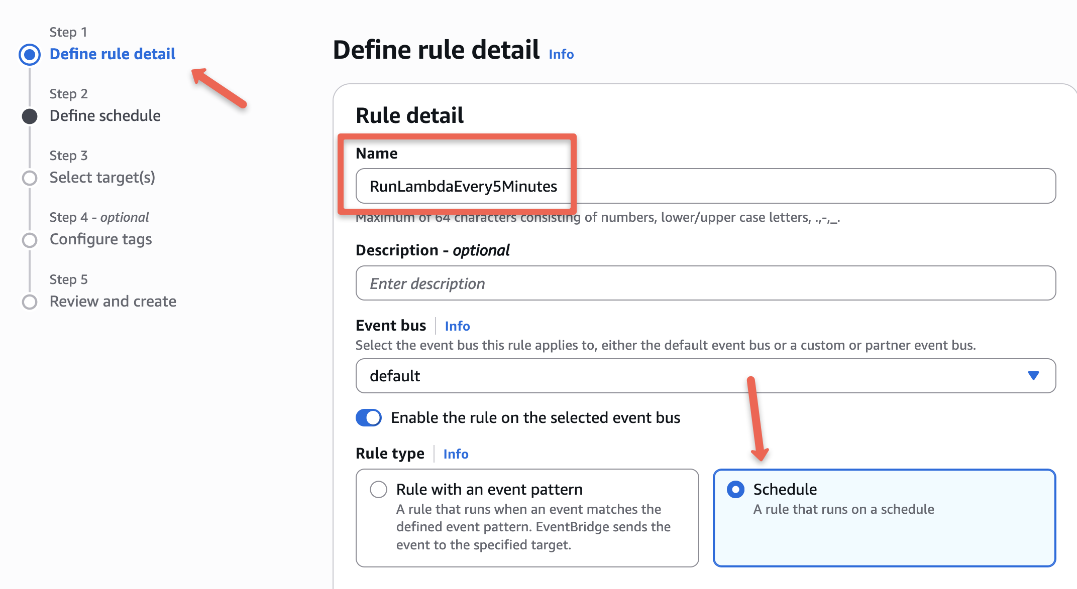 the defining rule details page of the aws event bridge