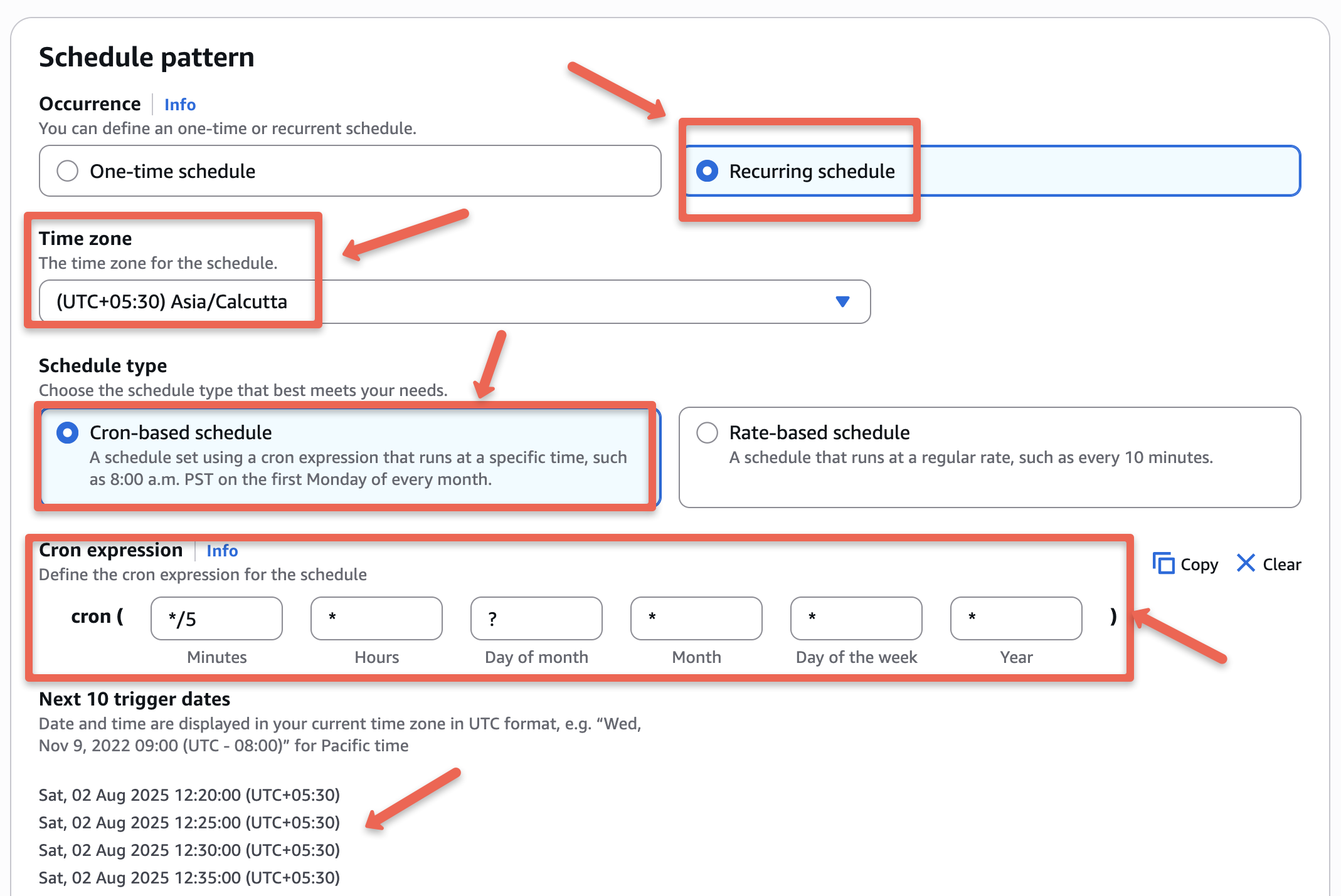 the schedule pattern page of the aws event bridge
