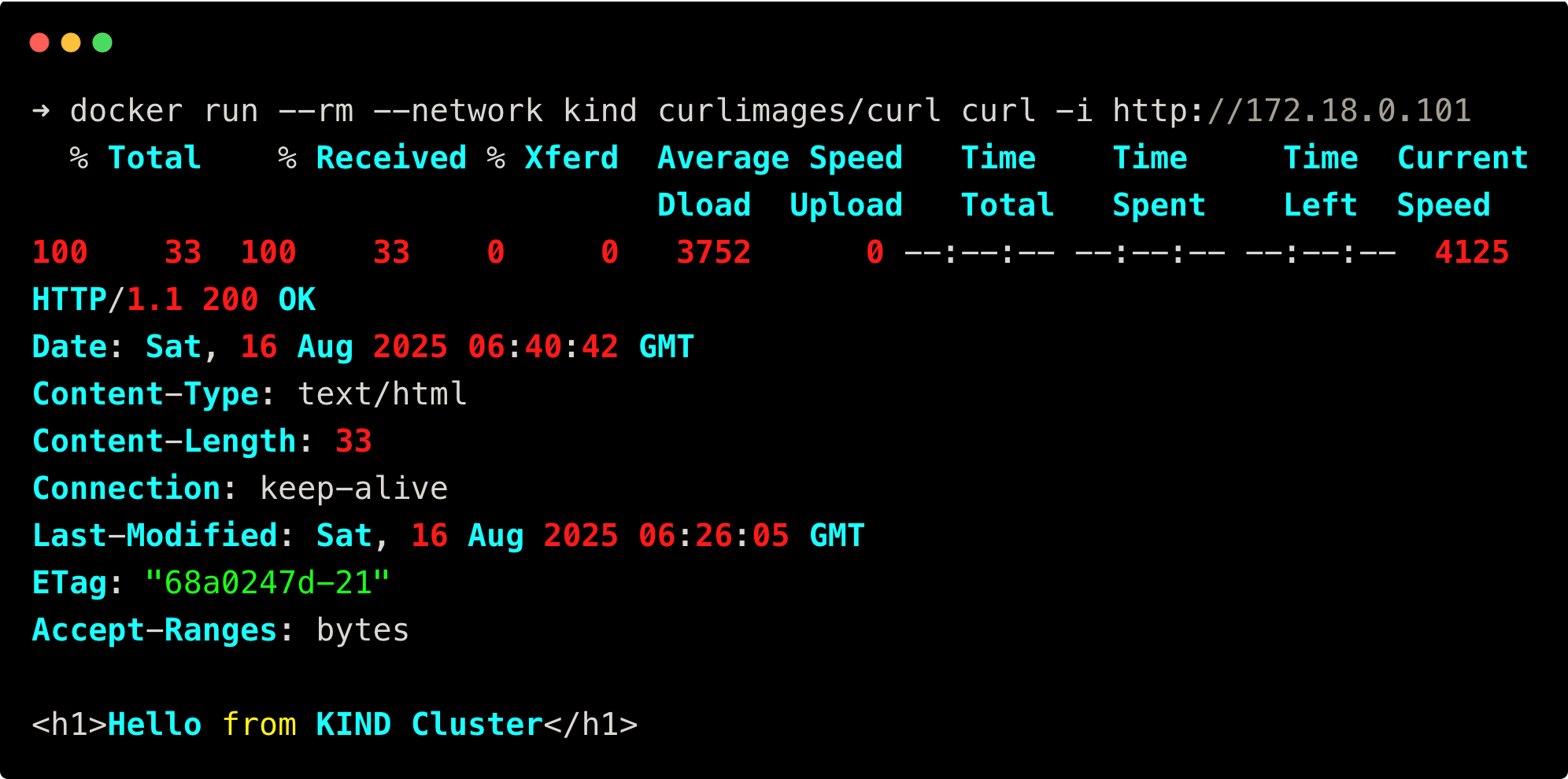 sending curl request to a pod in kind cluster in mac