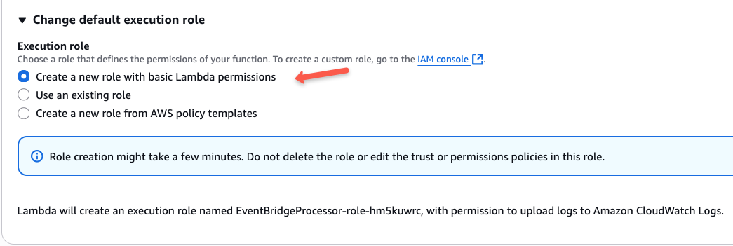 The iam role creation page of the lambda function