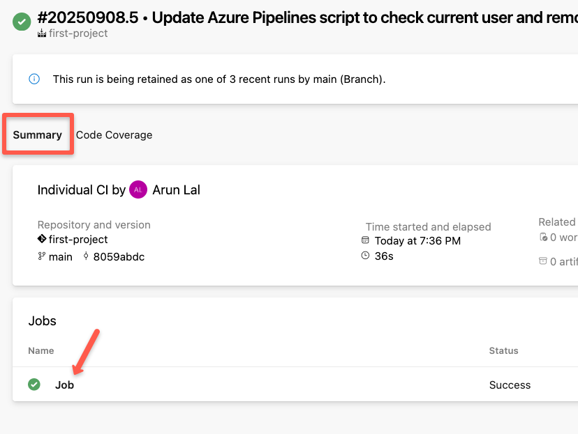 the log of the specific pipeline job execution