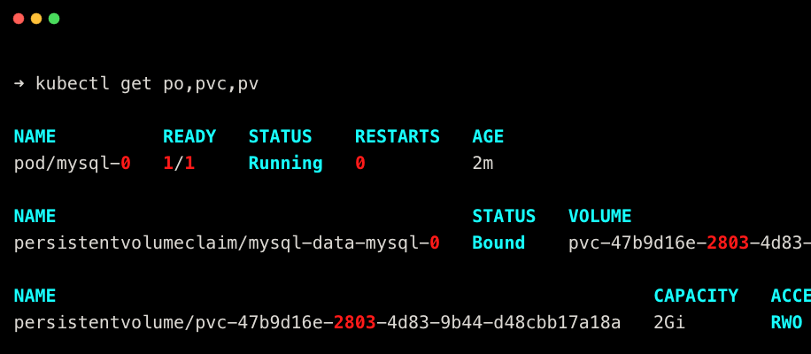 checking if the mysql pod and volumes are created