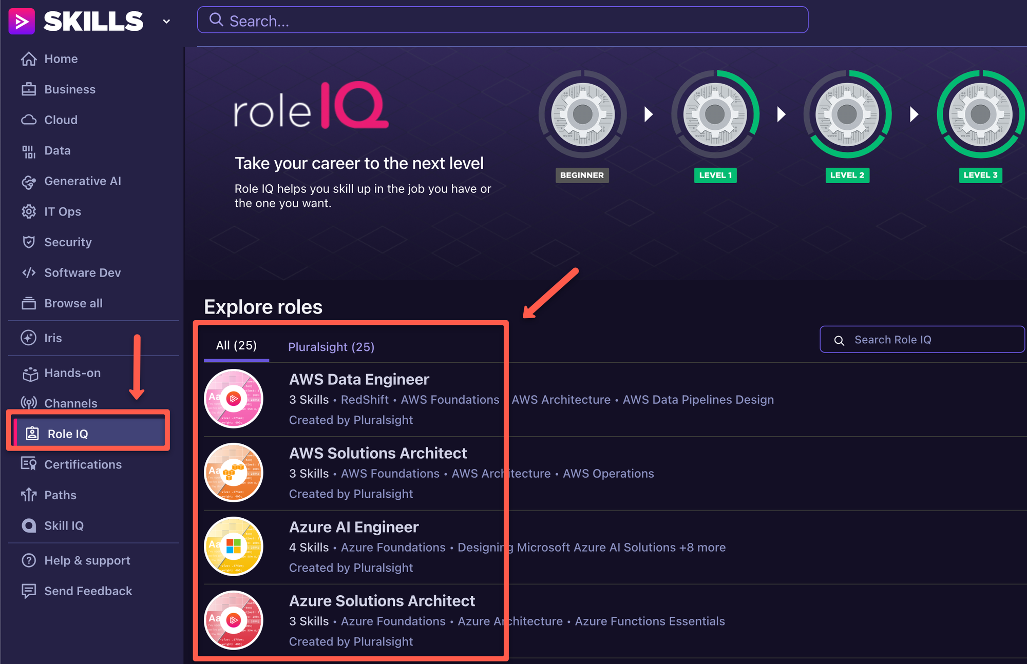 the role iq page of the pluralsight