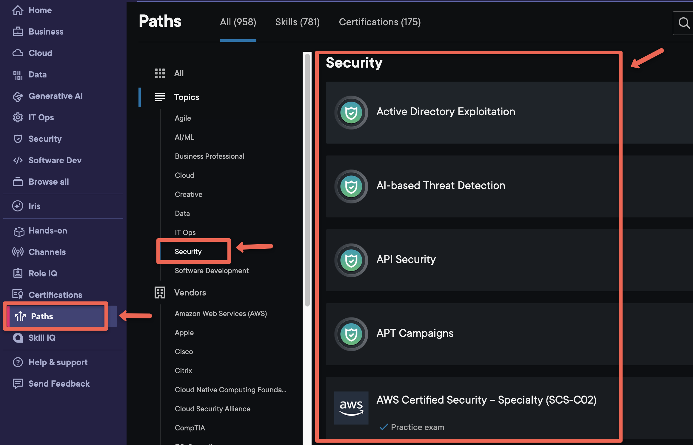 selecting the path in pluralsight to lean about a particual technology