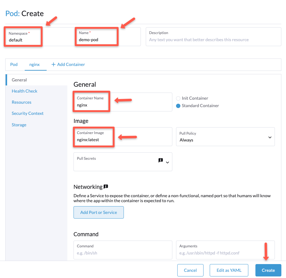 filling the details on rancher form to deploy a pod 