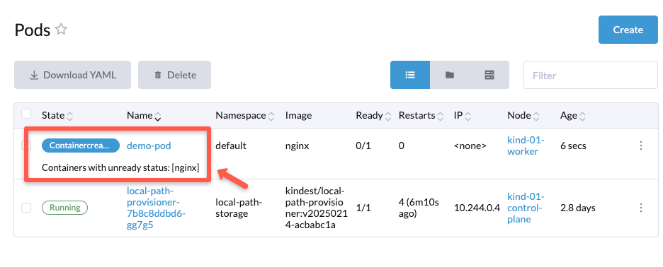 the status of the pod creation in the rancher dashboard