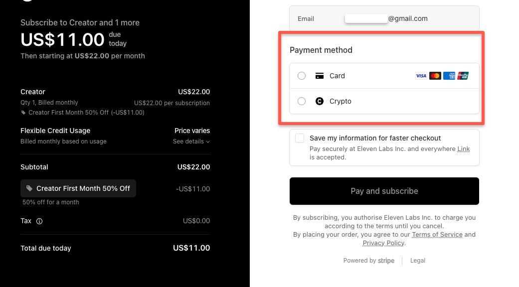 User need to choose the payment method. Whether it is card or crypto