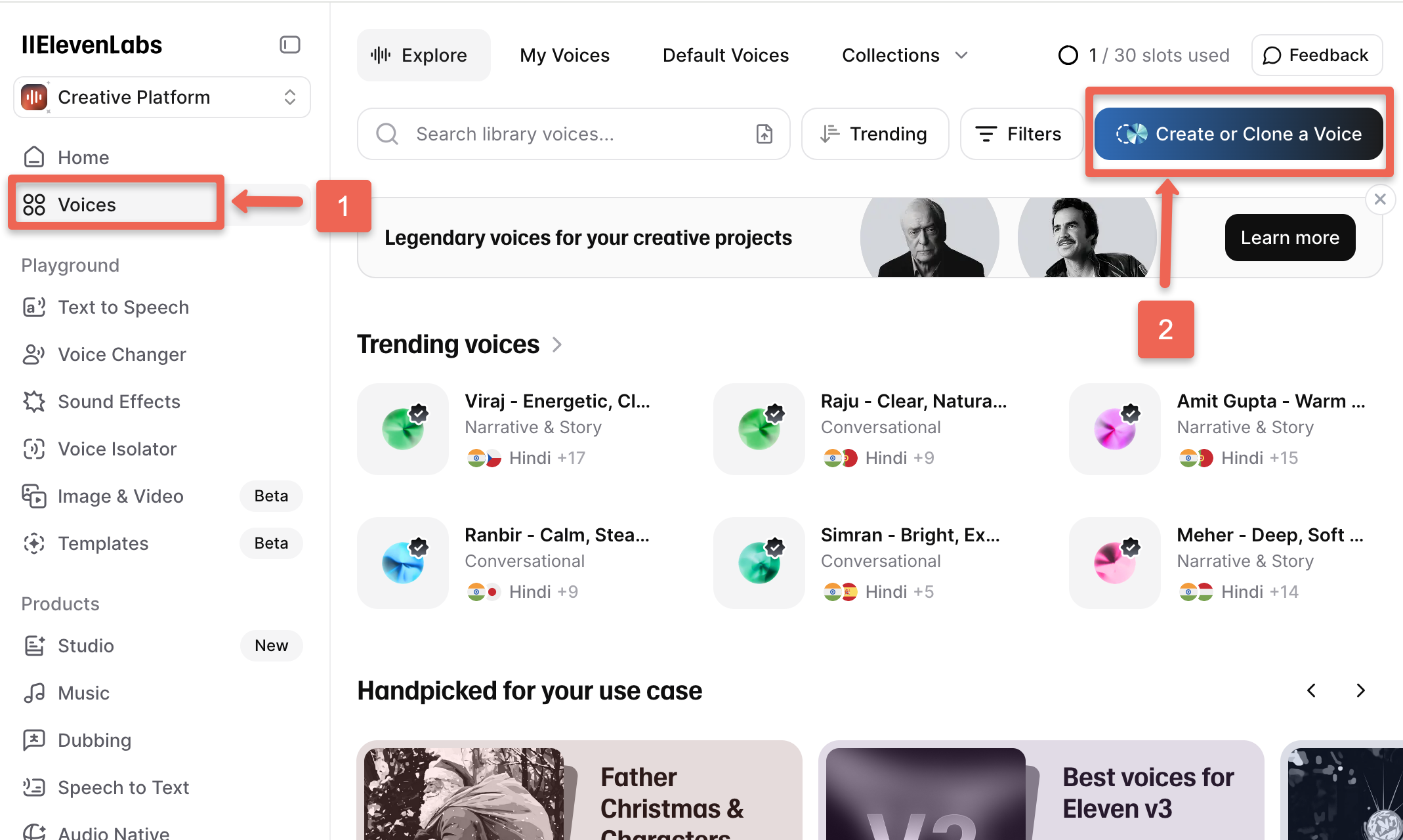 Elevenlabs voices page and button to create a professional voice