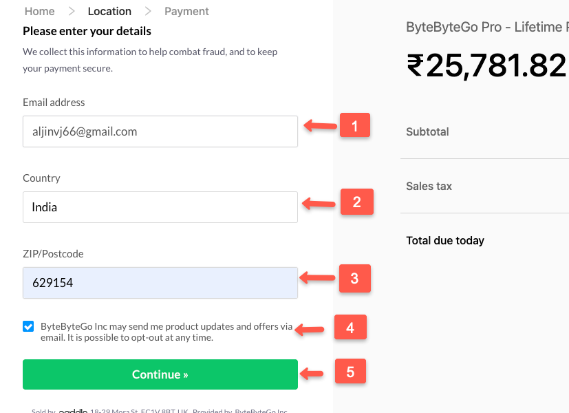 enter users email address, country, and ZIP/postcode
