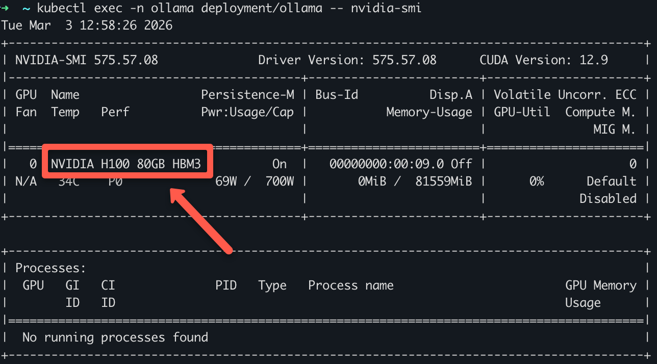 output to show that the pod is using GPU