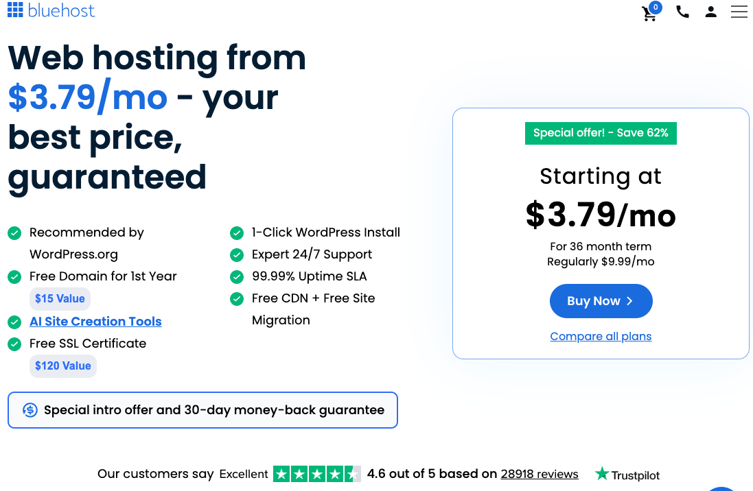 Bluehost web hosting page