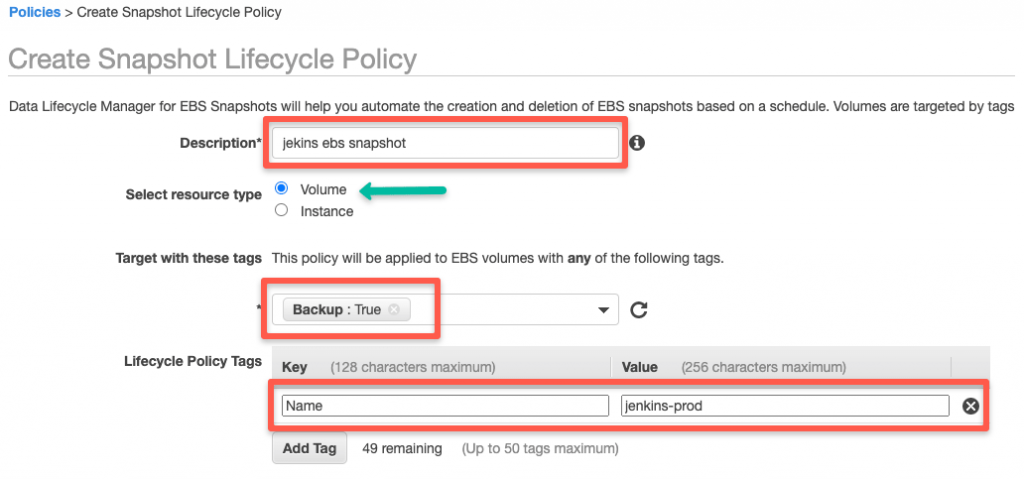 Life cycle policy rules for EBS snapshot automation.