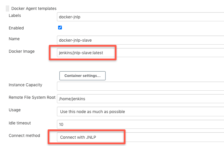 Docker jnlp agent template configuration