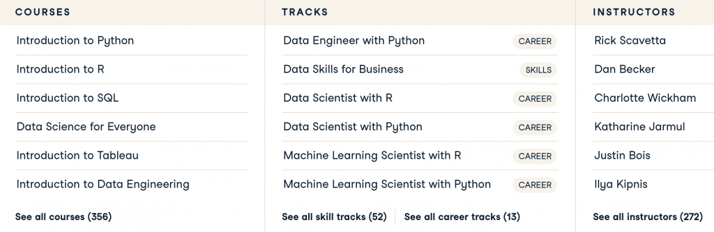 Datacamp free access to courses and skill tracks.