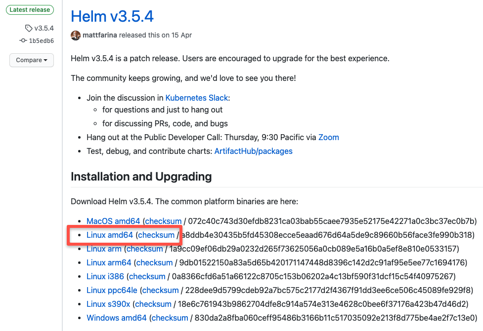 helm installation binary - release page